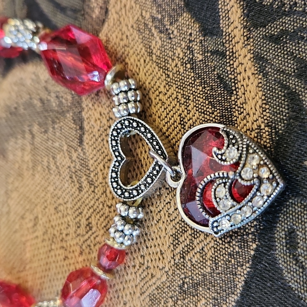 Red & Silvertone Heart Bracelet